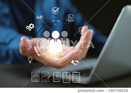 Employee recruitment using digital people team for human hr data, business management professional showing success icons on laptop for corporate growth and talent search process Employee recruitment using digital people team for human hr data, business management professional showing success icons on laptop for corporate growth and talent search process 140156029