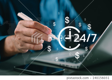 Time management 24-7 concept business work planning efficiency clock icon shows professional hand using laptop with dollar signs for financial growth, global digital world map and success Time management 24-7 concept business work planning efficiency clock icon shows professional hand using laptop with dollar signs for financial growth, global digital world map and success 140156031