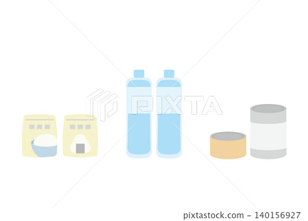 一組關於緊急食品、罐頭食品和瓶裝水的簡單插圖。 140156927