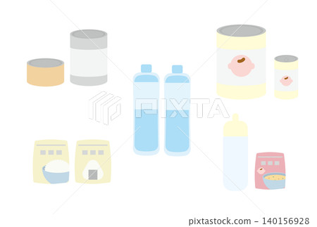 罐裝應急食品、其他食品和水(包括嬰兒版本)的插圖。 罐裝應急食品、其他食品和水(包括嬰兒版本)的插圖。 140156928