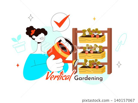 DIY Vertical Gardening Illustration Featuring Urban Gardening, Stackable Planters, Homegrown Vegetables, Sustainable Living, and Small Space Farming 140157067