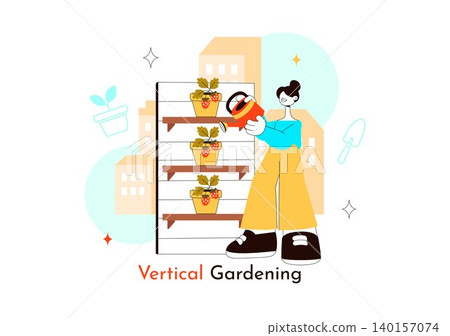 DIY Vertical Gardening Illustration Featuring Urban Gardening, Stackable Planters, Homegrown Vegetables, Sustainable Living, and Small Space Farming 140157074