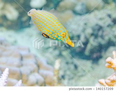 可愛的扳機魚和其他魚類。鹿角珊瑚群落。沖繩縣阿根沙久島；慶良間群島座間味島，島尻郡 - 2025 140157209