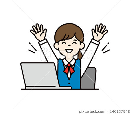 Vector illustration of the upper body of a young businesswoman sitting in front of a computer and cheering. Vector illustration of the upper body of a young businesswoman sitting in front of a computer and cheering. 140157948
