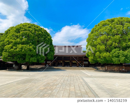 A tranquil scene of Meiji Jingu Shrine under a clear sky, surrounded by large trees. A tranquil scene of Meiji Jingu Shrine under a clear sky, surrounded by large trees. 140158239