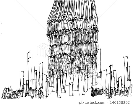 [Transparent Background] A hand-drawn monochrome line drawing of numerous rectangles resembling a cluster of buildings and dense masses of lines extending into the sky. 140158292