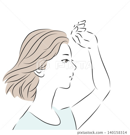 A line drawing illustration of a woman's profile as she shields her eyes from the sunlight. 140158314