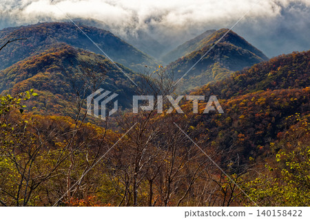 Morning sea of clouds viewed from Mt. Akagi and Mt. Kurohime amidst autumn foliage. Morning sea of clouds viewed from Mt. Akagi and Mt. Kurohime amidst autumn foliage. 140158422