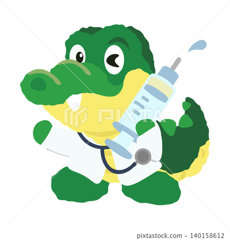 An illustration of a stuffed crocodile doctor holding a large syringe. 140158612