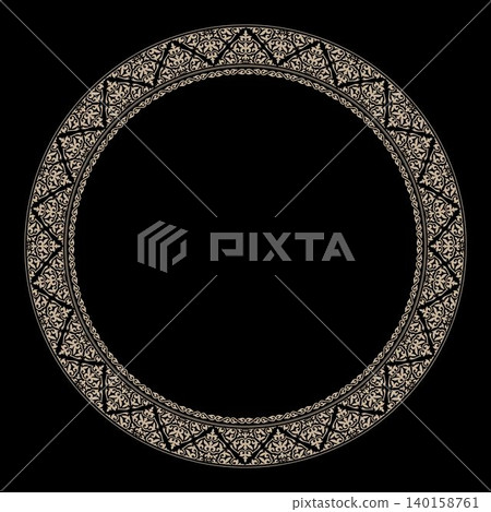 Gold round frame. Traditional round Turkic ornament. Oriental black round pattern with arabesques. For ceramic, porcelain, embroidery, sandblasting, laser. Islam, Indian, Ottoman motif. Gold round frame. Traditional round Turkic ornament. Oriental black round pattern with arabesques. For ceramic, porcelain, embroidery, sandblasting, laser. Islam, Indian, Ottoman motif. 140158761