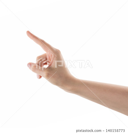 Young adult female hand point or click something from side isolated on white Young adult female hand point or click something from side isolated on white 140158773