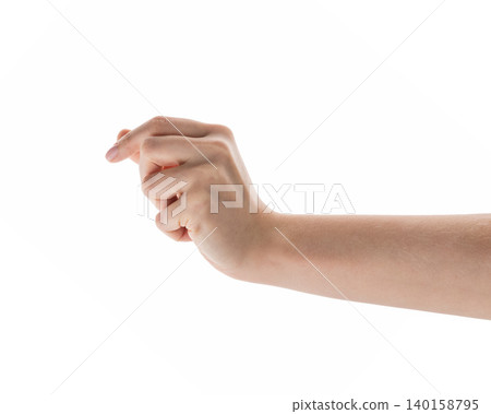 Female hand to hold something with fingers isolated on white Female hand to hold something with fingers isolated on white 140158795