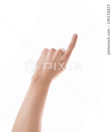 Adult man left hand pointing with index finger isolated Adult man left hand pointing with index finger isolated 140158823