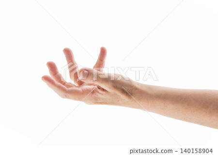 mid aged woman hand reaching gesture isolated on white mid aged woman hand reaching gesture isolated on white 140158904