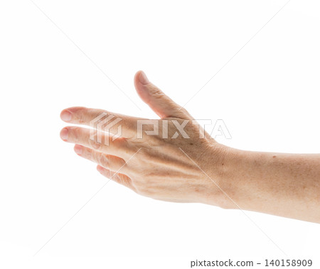 Mid aged woman hand touch screen gesture isolated on white background 140158909