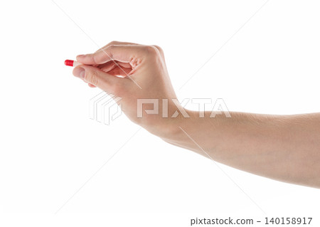Male hand show red and white pills isolated on white 140158917