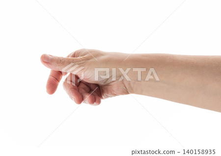 Empty mid aged woman hand to hold something with fingers isolated on white 140158935