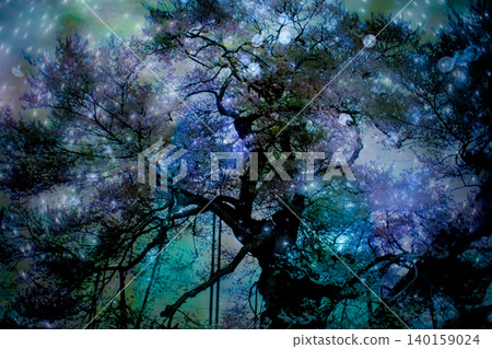 Multiple exposure photograph taken with a camera, featuring a large tree and a colorful, fantastical landscape. Multiple exposure photograph taken with a camera, featuring a large tree and a colorful, fantastical landscape. 140159024