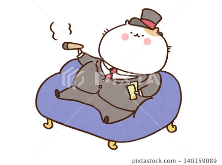 A wealthy cat (fat cat) in a tuxedo smoking a cigar on a sofa. 140159089