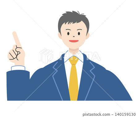 圖 3：一名身穿制服的高中男生的上半身，面帶微笑，舉起食指指點點。 140159130