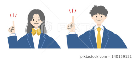 一組插圖,展示了兩名高中生(一男一女)的上半身,他們穿著校服,面帶微笑,舉起食指指點點。 一組插圖,展示了兩名高中生(一男一女)的上半身,他們穿著校服,面帶微笑,舉起食指指點點。 140159131