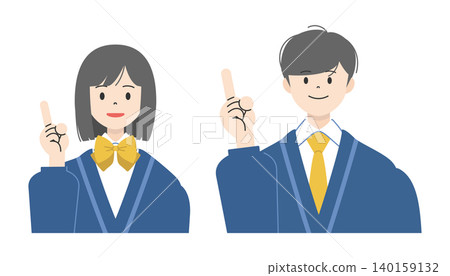A set of illustrations showing the upper bodies of two high school students in uniform, a boy and a girl, smiling and pointing with their index fingers raised. 140159132