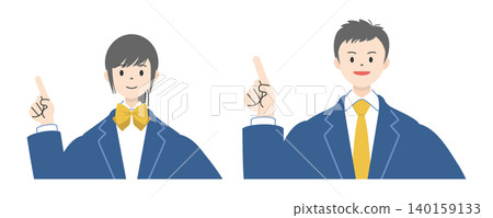 一組 3 幅插圖，描繪了兩名身穿制服的高中生（一男一女）的上半身，他們面帶微笑，舉起食指指點點。 140159133