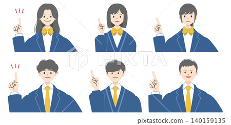 A set of upper body illustrations of six high school students (boys and girls) in school uniforms, smiling and pointing with their index fingers raised. 140159135