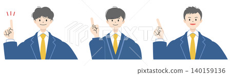 A set of upper body illustrations of three male high school students in uniform, smiling and pointing with their index fingers raised. 140159136