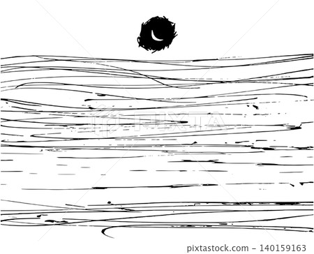 [Transparent Background] Monochrome line drawing of a night sea with a crescent moon. 140159163