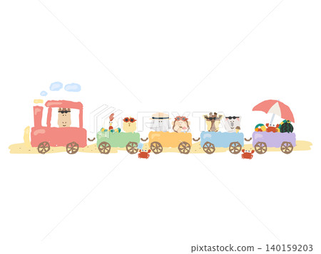 一幅以動物為主題的火車駛向大海的插圖,非常適合用於夏季公告和活動通知。 一幅以動物為主題的火車駛向大海的插圖,非常適合用於夏季公告和活動通知。 140159203