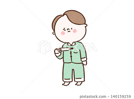 一名穿著睡衣的男子一臉擔憂地盯著溫度計（體溫過低、發燒、感冒）。 140159259