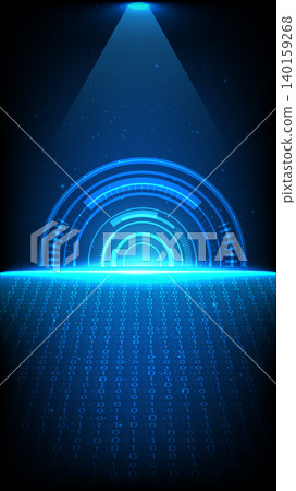 Cyber background featuring a glowing HUD interface, binary data flow and light beam spotlight Cyber background featuring a glowing HUD interface, binary data flow and light beam spotlight 140159268