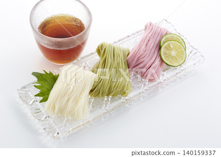 Cold and delicious-looking somen noodles - a representative summer noodle dish of Japan. Cold and delicious-looking somen noodles - a representative summer noodle dish of Japan. 140159337