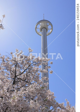 Springtime at Seto Ohashi Memorial Park: Cherry blossoms and the revolving observation tower "Seto Ohashi Tower" Springtime at Seto Ohashi Memorial Park: Cherry blossoms and the revolving observation tower "Seto Ohashi Tower" 140159454