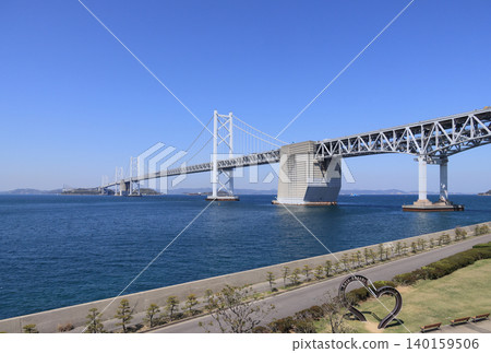Seto Ohashi Bridge seen from the Seto Ohashi Memorial Park Seto Ohashi Bridge seen from the Seto Ohashi Memorial Park 140159506