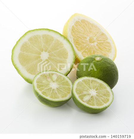 Citrus fruits placed on a white background: lime, lemon, and sudachi. Citrus fruits placed on a white background: lime, lemon, and sudachi. 140159719