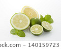 Citrus fruits placed on a white background: lime, lemon, and sudachi. 140159723