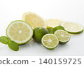 Citrus fruits placed on a white background: lime, lemon, and sudachi. 140159725