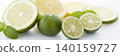 Citrus fruits placed on a white background: lime, lemon, and sudachi. 140159727