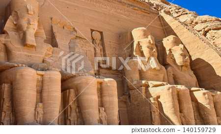 Abu Simbel, a cliff on the west bank of the Nile, in which two ancient Egyptian temples of Ramesses II are carved, Egypt. Abu Simbel, a cliff on the west bank of the Nile, in which two ancient Egyptian temples of Ramesses II are carved, Egypt. 140159729