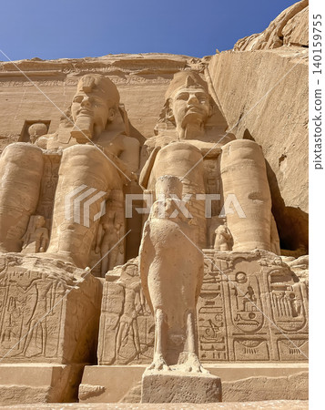 Abu Simbel, a cliff on the west bank of the Nile, in which two ancient Egyptian temples of Ramesses II are carved, Egypt. Abu Simbel, a cliff on the west bank of the Nile, in which two ancient Egyptian temples of Ramesses II are carved, Egypt. 140159755