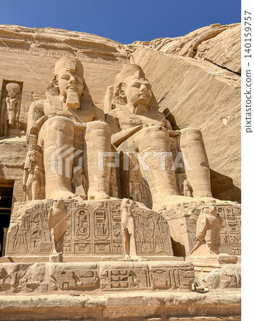 Abu Simbel, a cliff on the west bank of the Nile, in which two ancient Egyptian temples of Ramesses II are carved, Egypt. Abu Simbel, a cliff on the west bank of the Nile, in which two ancient Egyptian temples of Ramesses II are carved, Egypt. 140159757