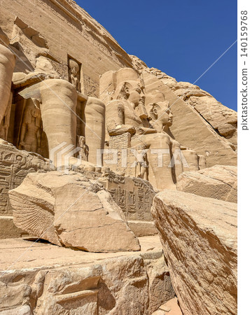 Abu Simbel, a cliff on the west bank of the Nile, in which two ancient Egyptian temples of Ramesses II are carved, Egypt. 140159768