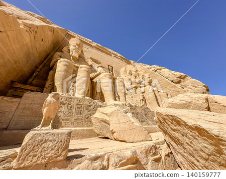 Abu Simbel, a cliff on the west bank of the Nile, in which two ancient Egyptian temples of Ramesses II are carved, Egypt. 140159777