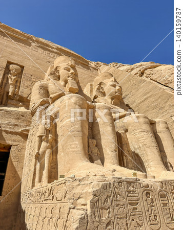 Abu Simbel, a cliff on the west bank of the Nile, in which two ancient Egyptian temples of Ramesses II are carved, Egypt. Abu Simbel, a cliff on the west bank of the Nile, in which two ancient Egyptian temples of Ramesses II are carved, Egypt. 140159787