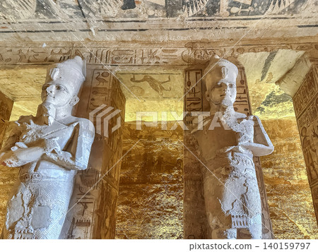 Interior decoration and statues in the Abu Simbel temple, a landmark in Nubia built by King Ramesses II, Egypt. 140159797