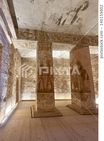 Interior decoration and statues in the Abu Simbel temple, a landmark in Nubia built by King Ramesses II, Egypt. 140159802