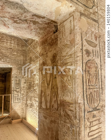 Interior decoration and statues in the Abu Simbel temple, a landmark in Nubia built by King Ramesses II, Egypt. Interior decoration and statues in the Abu Simbel temple, a landmark in Nubia built by King Ramesses II, Egypt. 140159804