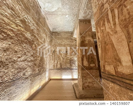 Interior decoration and statues in the Abu Simbel temple, a landmark in Nubia built by King Ramesses II, Egypt. Interior decoration and statues in the Abu Simbel temple, a landmark in Nubia built by King Ramesses II, Egypt. 140159807